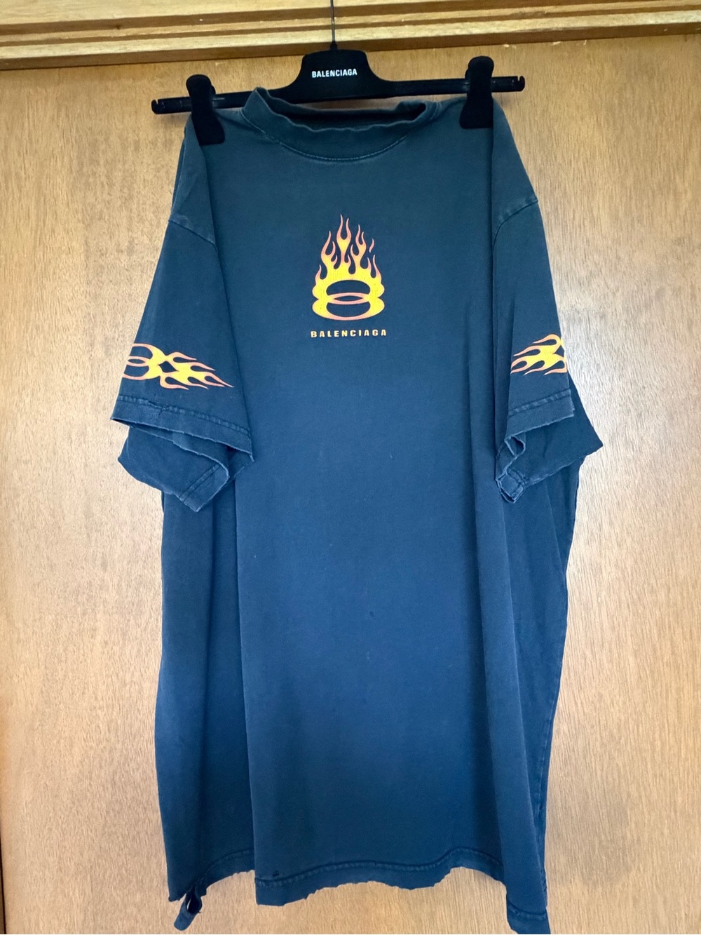 Balenciaga Black Short-Sleeve Tee with Yellow-Orange Flame over sized distressed